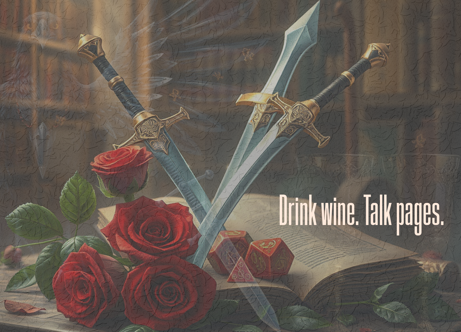 A heavy book is open with three swords sticking out from the middle. Red roses are on the table and there are transparent goblets. The room is a cozy library